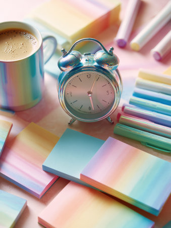 A vibrant workspace features a silver alarm clock, pastel sticky notes in various colors, and a coffee cup, creating an inviting atmosphere for creativity.の素材