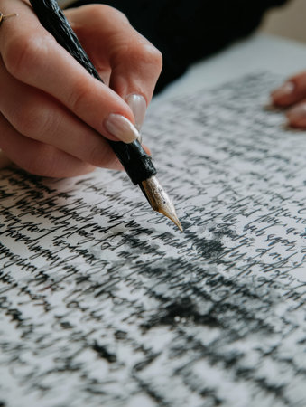 A hand skillfully writes on textured paper using a fountain pen, showing an artistic flow of words and ink during a creative writing session.の素材