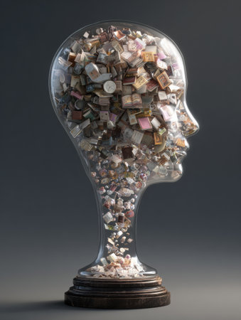 A clear silhouette of a human head filled with small objects, symbolizing the collection and complexity of thoughts and experiences.の素材