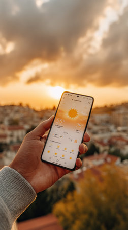 A smartphone is held in a hand, showcasing a weather app as the sun sets over a city filled with houses and trees, casting a warm glow.の素材