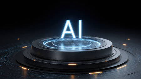 Futuristic platform illuminated with blue light displays the letters AI at its center, symbolizing advancements in artificial intelligence and technology.の素材