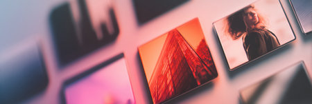 Framed visuals of diverse subjects are arranged on a sleek wall, creating a captivating gallery that combines modern design with artistic expression.の素材