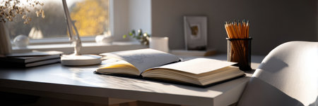 A tranquil workspace illuminated by natural light displays an open notebook alongside organized stationery and a calming atmosphere perfect for creativity.の素材