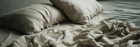 A cozy bed with soft lines, featuring a glass of water on the side, inviting relaxation in a peaceful atmosphere during morning hours.の素材