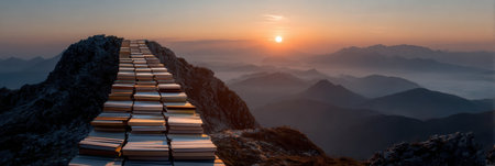 A pathway made of stacked books stretches across rugged mountain terrain as the sun rises, casting warm light on the peaceful scenery and inspiring thoughts.の素材