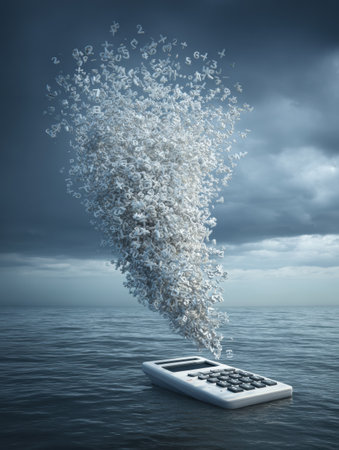 A calculator floats on the water, releasing a spiraling mass of numbers and symbols into the air.の素材