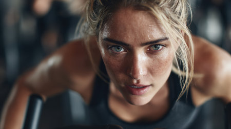 Sweat glistens on the face of a woman pushing through a challenging workout in an energetic gym, highlighting her determination and commitment to fitness.の素材