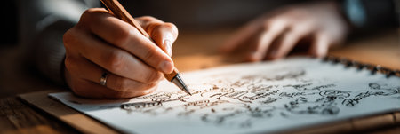 A person writes and sketches concepts on a notepad, using a pen, in a welcoming workspace filled with natural light, enhancing creativity and focus.の素材