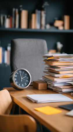 A desk filled with stacks of paperwork alongside an alarm clock shows a busy workspace during daylight hours, reflecting productivity and organization.の素材