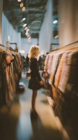 A woman with wavy hair strolls through a marketplace, examining colorful vintage clothes while people socialize in the background at dusk.の素材