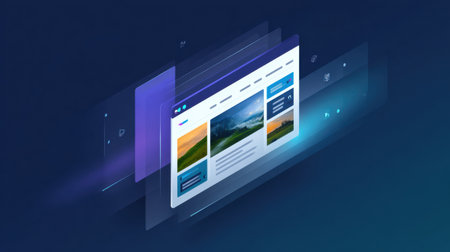 A digital user interface displays various clean website designs with interactive elements against a futuristic backdrop.の素材