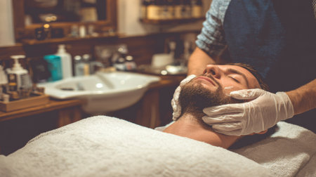 A man receives a soothing facial treatment in a tranquil spa setting, enjoying personalized care from a skilled professional.の素材