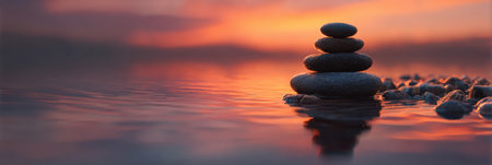 Serene moment features stacked stones balancing on the waters surface as the sunset casts vibrant colors across the sky and reflects in the water.の素材