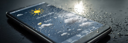A smartphone shows a weather app forecast indicating sun and rain, with droplets on its surface highlighting the rainy afternoon mood.の素材