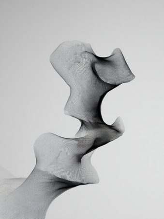 A delicate structure rises gracefully in a soft black and white palette, showing fluid lines and an intriguing shape that suggests movement and elegance.の素材