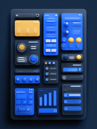 Collection of user interface components arranged in a grid layout showing casing buttons, sliders, and graphs in varying shades of blue with yellow accentsの素材
