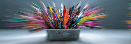 A dynamic assortment of bright pens bursts from a mesh holder, creating an energetic atmosphere in a modern workspace during the dayの素材