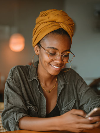 A woman wearing a stylish headwrap and glasses enjoys her time at a cozy cafe, smiling as she looks at her smartphone during a calm afternoon.の素材