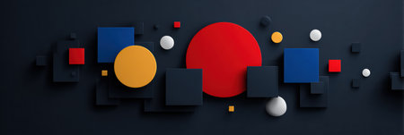 Colorful geometric shapes are arranged in an abstract pattern against a dark backdrop in an art gallery, showcasing creativity and modern design.の素材