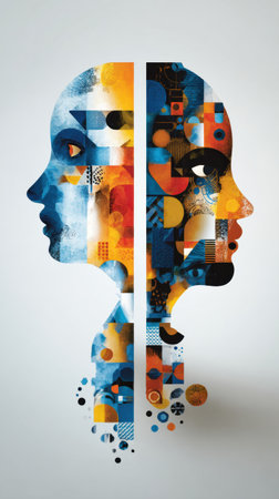 This artwork explores duality and identity with contrasting silhouettes in vivid colors and geometric shapes that engage viewers.の素材