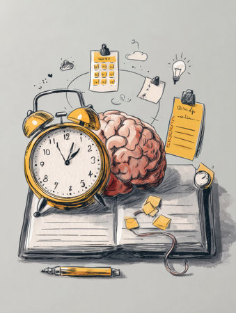 A yellow alarm clock sits next to a brain on an open notebook. Sticky notes and ideas float around, symbolizing the connection between time and thought.の素材