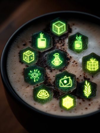 Enjoying a visually striking drink featuring bright green illuminated icons atop a creamy froth in a warm cafe atmosphere late in the day.の素材