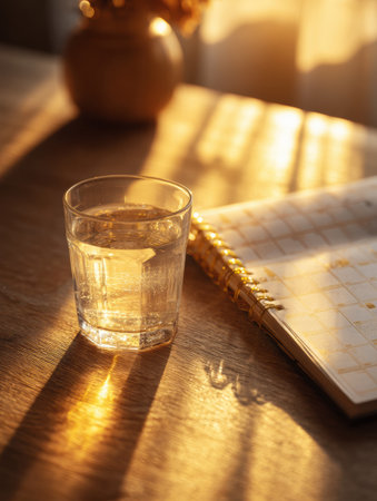 A clear glass filled with water rests on a wooden table beside an open planner as warm sunlight casts long shadows across the surface in the evening.の素材