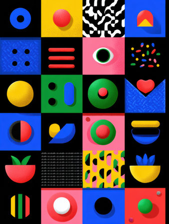 Colorful geometric shapes and patterns fill a grid, showing artistic creativity and modern aesthetics in a striking arrangement.の素材