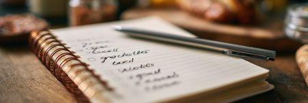 A handwritten grocery list rests on a wooden table, alongside various food items in a cozy kitchen atmosphere, creating a warm culinary vibe.の素材