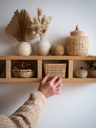 Stylish shelf arrangement features vases, woven baskets, and dried plants, as a hand reaches for a textured container to enhance the home interiorの素材