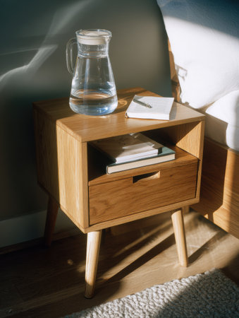 This bedroom cozy features a modern wooden nightstand showcasing a clear water pitcher, stack of books, and a notebook, illuminated by soft natural light.の素材