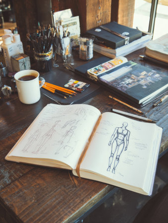 A wooden table is covered with design sketches of human anatomy, colorful pens, and a cup of coffee, creating an inspiring workspace atmosphere.の素材