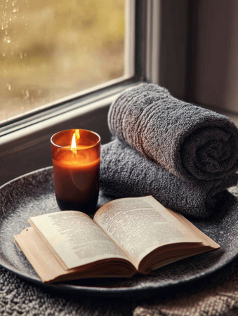 Relaxing atmosphere created by an open book, a warm candle flame, and neatly rolled towels on a tray beside a rain-speckled window.の素材