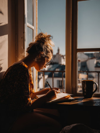 A young woman sits by a window, focused on writing in a notebook, with a steaming cup nearby, enjoying the warm sunlight and city view during late afternoon.の素材