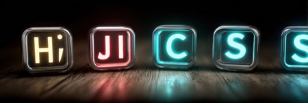 Blocks with illuminated letters spell Hi JI CS against a dark background, reflecting a blend of digital creativity and retro aesthetics with a warm wooden base.の素材