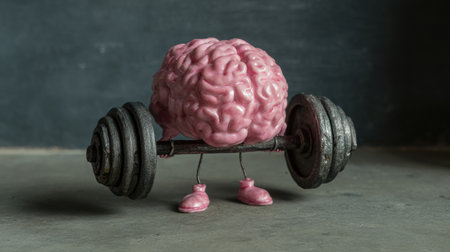 Cartoonish brain character with legs and shoes lifting a barbell in a whimsical gym environment, blending fitness with imaginative art.の素材