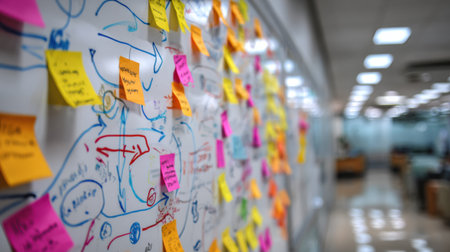 A group is engaged in a brainstorming session, with colorful sticky notes and diagrams filling a whiteboard in a contemporary office environment.の素材