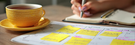 A person writes in a notebook while sipping tea, surrounded by a calendar filled with notes and reminders, indicating a productive morning routine.の素材