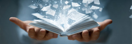 Hands hold an open book as pages float away in a magical display of light and sparkles, creating an enchanting atmosphere filled with wonder.の素材