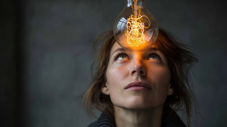 A woman gazes upward as a radiant light bulb glows above her head, embodying ideas and creativity in a softly lit environment.の素材