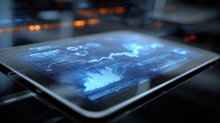 A digital tablet shows real-time data visualization and analytics on its screen in a sleek, modern setting with ambient lighting.の素材