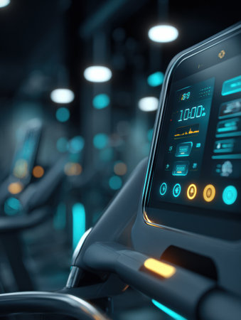High-tech gym features advanced workout equipment with digital displays showing time and fitness metrics in a sleek, illuminated setting.の素材