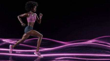 A confident woman in sports attire runs energetically against a vibrant neon backdrop in a nighttime setting, showingcasing athleticism and determination.の素材