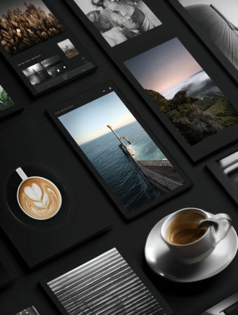 Artistic prints of scenic views and abstract designs are arranged around a steaming cup of coffee on a dark table, creating an inviting atmosphere.の素材