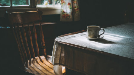 Warm sunlight streams through a window, illuminating a cup of tea on a table draped with a cloth next to a wooden chair in a quiet, inviting room.の素材