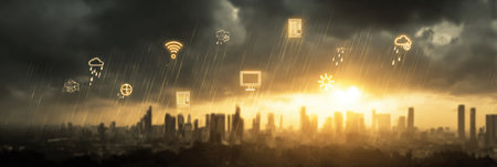 City skyline is enveloped by dark storm clouds as rain falls. Various digital weather icons appear above, depicting different weather elements and technology.の素材