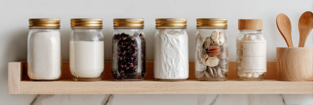 A neatly arranged shelf displays jars of flour, sugar, seeds, and spices alongside wooden utensils, creating an inviting kitchen atmosphere.の素材