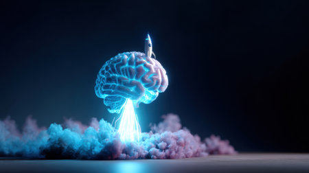 Glowing brain with vibrant colors lifts a rocket into the air, symbolizing creativity and technological advancement in a surreal environment.の素材
