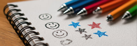 Joyful moment of creating art with colorful pens, featuring sketches of smiley faces and stars on a blank sketchbook in a warm, inviting setting.の素材