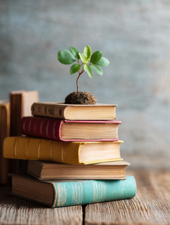 Stack of vintage books in varying colors with a small green plant emerging from the top, illustrating the connection between literature and nature.の素材